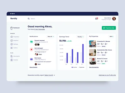 Rentify Dashboard aplication app app design clean dashboard earnings interface messages minimal notifications property property management real estate rent renting ui ux web app