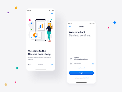 Genuine Impact, Fintech App - Onboarding business design finance fintech flat design form graphic design illustrations ios minimal mobile app onboarding sign in sign up sketch technology user interface ux design