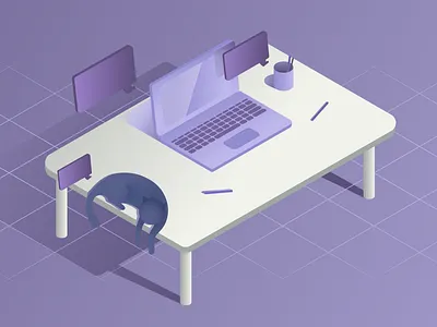 Laptop cat illustration isometry laptop table vector workspace