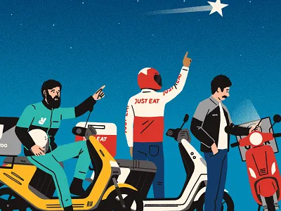 Three (Delivery) Kings character digital editorial folioart humour illustration michael parkin moped sky star