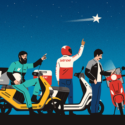 Three (Delivery) Kings character digital editorial folioart humour illustration michael parkin moped sky star