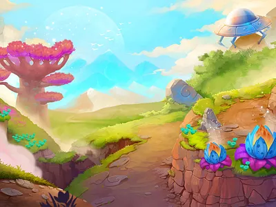 Space Environments alien art background beach character colorful environment game illustration magic mountains sea skiing sky snow space summer vacation valley winter