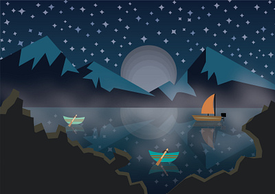 Landscape_night boats lake landscape moon mountains nature night quiet sky
