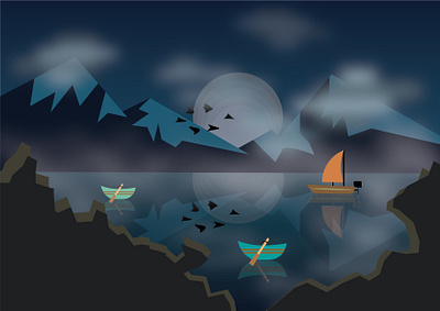 Landscape night_minimal_cloudy version boats illustration lake landscape moon mountains nature night outdoors silence