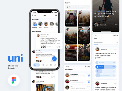 [Freebie] Uni-Social media app for college students college app discover app figma freebies messages mobile mobile app mobile ui polls social media app stories ui ux university