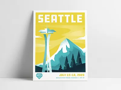 Seattle Travel Poster branding complementary emblem identity illustration landscape logo mark mountain poster poster design seattle space needle texture type typography vector