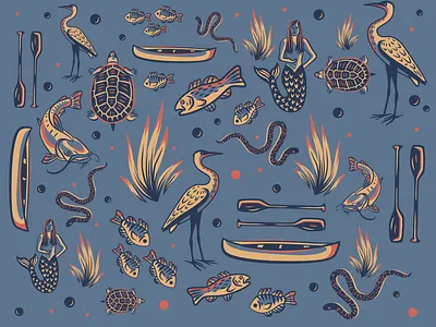 River Illustrations design fish illustration illustration art illustrator mermaid paddle river san marcos snake texas turtle water