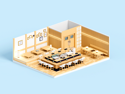 Sushi Bar 3d architecture illustration interior minimal render restaurant voxel voxelart