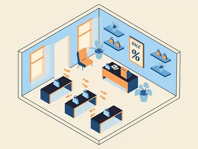 Retail Space building illustration isometric plants retail room sale shopping store