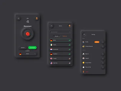 VPN ui/ux application, skeuomorphism app branding concept dark app dark ui digital iphone logo neomorphism screen skeuomorph skeuomorphism ui uiux ux vpn vpn app web webdesign