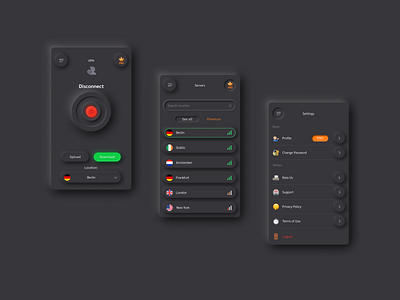 VPN ui/ux application, skeuomorphism app branding concept dark app dark ui digital iphone logo neomorphism screen skeuomorph skeuomorphism ui uiux ux vpn vpn app web webdesign