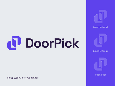 DoorPick 👉🏻 d+p🚪 abstract branding d delivery door identity illustration letter logo logotype mark minimal monogram open p spgmarks symbol typography wordmark