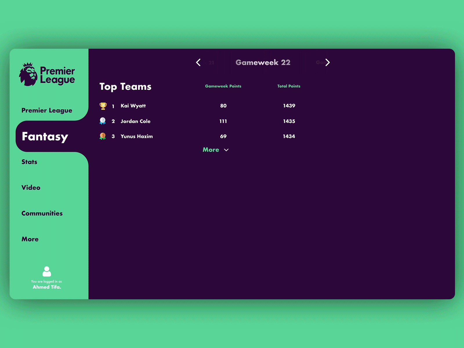 Daily UI :: 019 Leaderboard adobe xd aftereffects fantasy premier league ui design