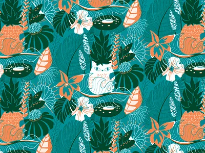 Pineapples & Pussycats cat digital illustration flowers illustration jungle pattern photoshop pineapple