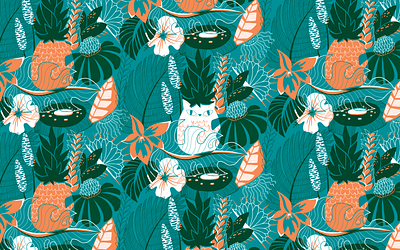 Pineapples & Pussycats cat digital illustration flowers illustration jungle pattern photoshop pineapple