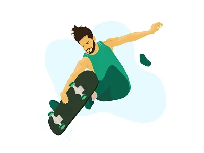 Signature Illustration-03-Skateboard action boy color design enjoy flat flying green guy illustration imhassanali jump minimal modern play procreate skateboard sports ui ux