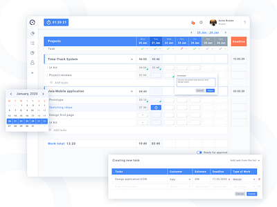 Time Track System – Time Machine calendar dashboad desktop interface managment minimalism product design project sidebar tasks ticket time time management to do track ui ux web app web design