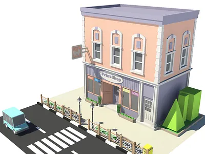 Print Shop 3d 3d art 3d model 3dmodel 3dmodeling 3dmodelling building car cartoon design environment exterior facade isometric lowpoly market maya printshop shop store
