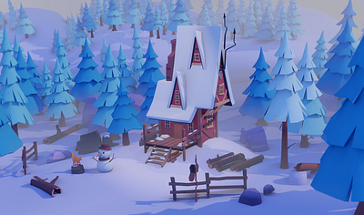 Tiny house 3d art background cartoon concept digital house illustration modeling nice tree winter