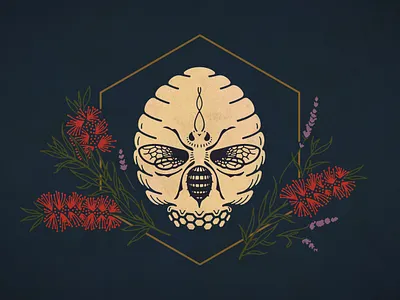 Our bees are partial to lavender and bottlebrush pollen. bee bee hive bee logo beehive branding crest design double meaning flat flowers honey icon illustration insect lavender logo minimal skull vector wit
