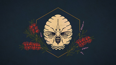 Our bees are partial to lavender and bottlebrush pollen. bee bee hive bee logo beehive branding crest design double meaning flat flowers honey icon illustration insect lavender logo minimal skull vector wit