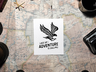 Lace Up Adventure is Calling! adventure design eagle explore flatlay hand illustration lettering screen print texture