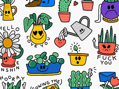 Plants that feel angry flowers happy illustration plants sad stickers telegram vector