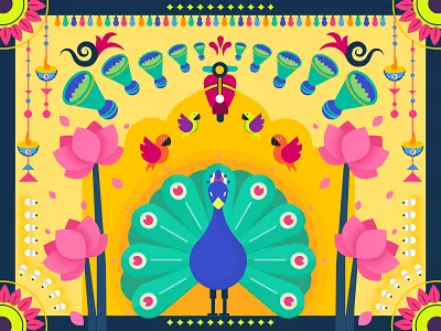 Colorful India birds colorful festive india lotus parrot peacock scooter
