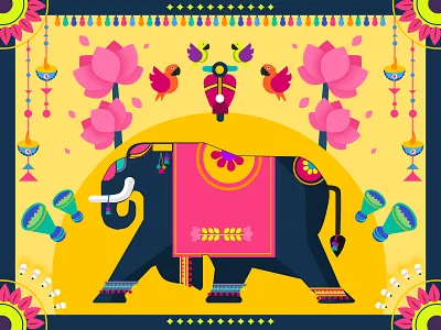 Colorful India birds colorful elephant festive lights lotus parrot
