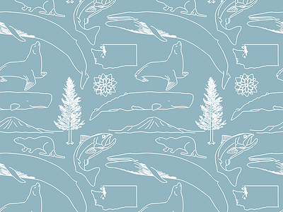 Pacific North West Baby Pattern design drawing drawings flat illustration illustrator line lineart minimal minimalism minimalist pine tree repeat repeat pattern salmon seal seattle textile vector whale