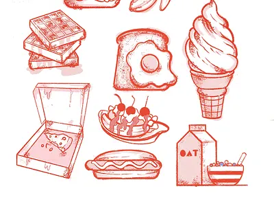 Snacks 2 breakfast cereal egg hot dog ice cream illustration oat milk pink pizza procreate red waffles