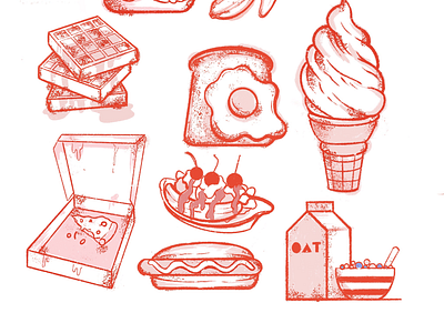 Snacks 2 breakfast cereal egg hot dog ice cream illustration oat milk pink pizza procreate red waffles