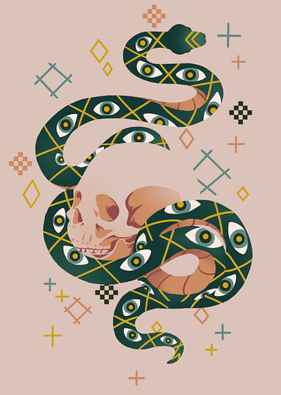 Snake and Skull art flat graphic illustration skull snake