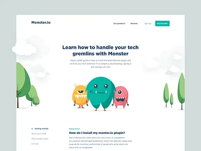 Monsters to the rescue app ui branding cards characters clean depth hero image illustration landing landscape minimalist monsters playful shadow simple swiss tech typography web white