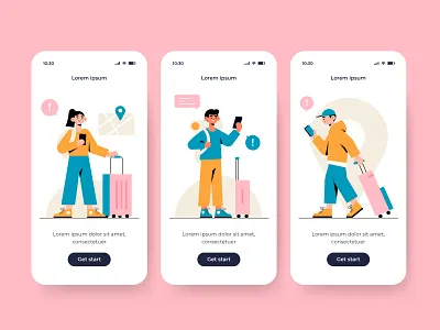 Travel onboarding app screens app app screens character concept design flat flat designs illustration men onboarding travel vector woman