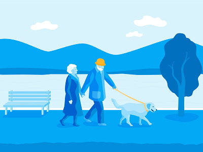 Seniors blue branding branding illustration branidentity character character design character illustration dog flat flat illustration hero illustration illustration lake product illustration seniors vector vector illustration walking yellow