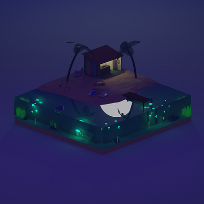 Isometric beach at night 2020 3d 3d art 3d artist amateur art beach blend blender blender 3d blender3d blender3dart brasil illustration isometric landscape lowpoly moon ocean summer