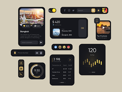 UI Kit Dark theme app black clean dark design design system figma kit minimal travel ui user interface ux watch os web