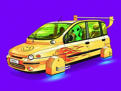 Multipla alien car fiat flames illustration multipla smiley space yellow