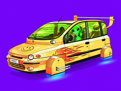 Multipla alien car fiat flames illustration multipla smiley space yellow