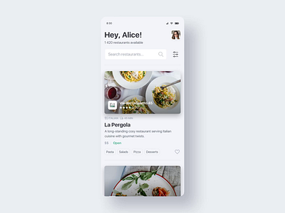 Restaurants App Interactions app cards clean filters food interaction interface ios list mobile principle restaurant slider tags ui ux