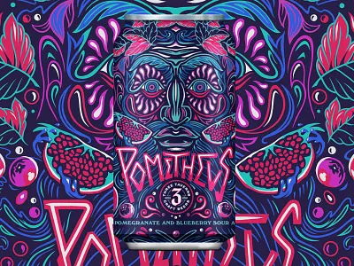 Fruit of Paradise beer can design blueberries character characterdesign design graphic illustration lettering logo patterns pomegranate retro typography vector