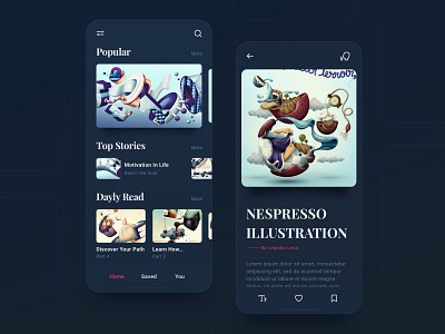 Art & Design / Mobile App 🌚 Dark Mode art article card dark design illustration interface ios list mobile ui ux