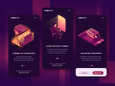 CABIMATES - find your wunderkammern building cabin exploration gradient illustration interior isometric night onboarding onboarding illustration onboarding screen onboarding ui purple ui vector