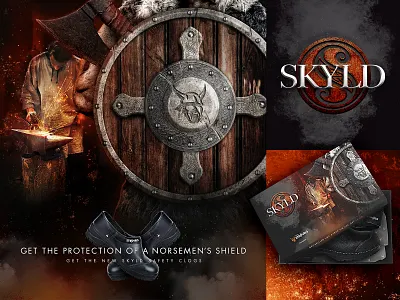 Skyld - Safety Clogs. Logo, branding and key visual designs. axe battle branding clogs design heavyduty key visual logo metal netherlands norsemens protection safety shield shield logo strovel strovel viking visual work