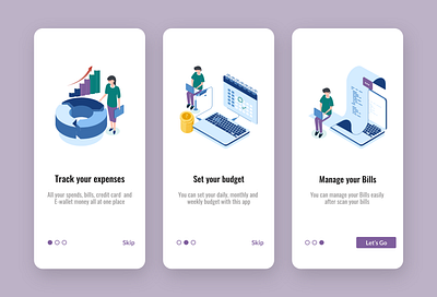 Onboarding screen for Expense Manager budget character design expense illustration money typography ui