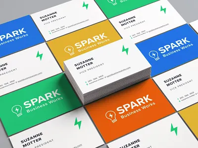 Spark Business Cards blue bolt branding business card design business cards green light lightbulb lightening bolt logo orange spark yellow