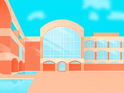 Falmer House - University of Sussex arches architechture blue bright building colour contrast illustration illustrator light lines moat orange pool reflection shadow sky vector water window