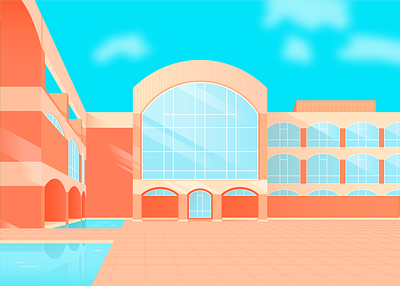 Falmer House - University of Sussex arches architechture blue bright building colour contrast illustration illustrator light lines moat orange pool reflection shadow sky vector water window