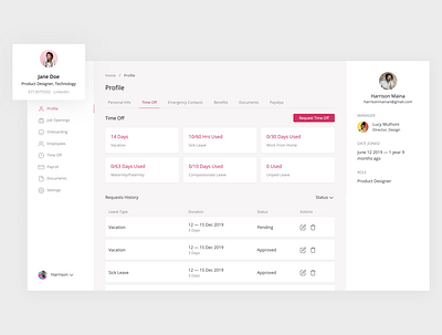 HR — Employee Time Off hr software product design profile page time off ui ui design ux